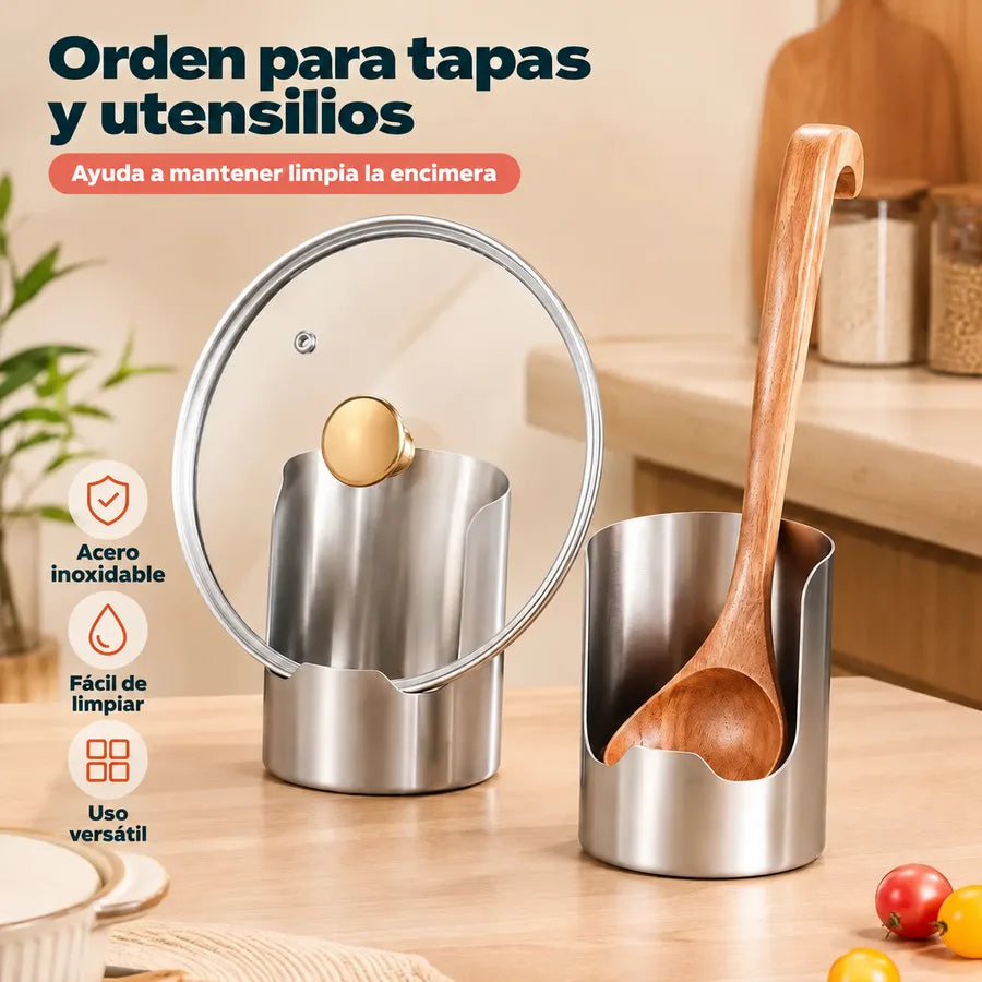 Organizador para tapas y utensilios que ayuda a mantener limpia la encimera