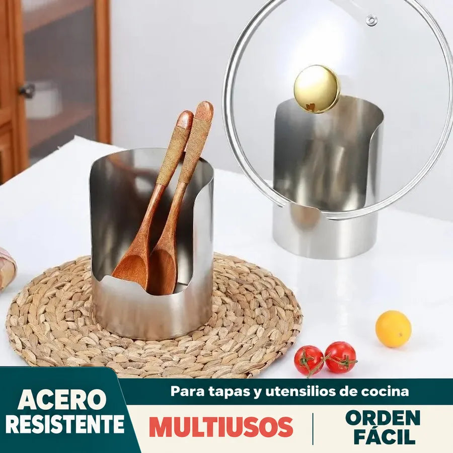 Organizador multiusos de acero con cucharas de madera y una tapa