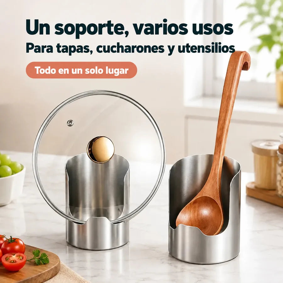 Un soporte, varios usos: para tapas, cucharones y utensilios