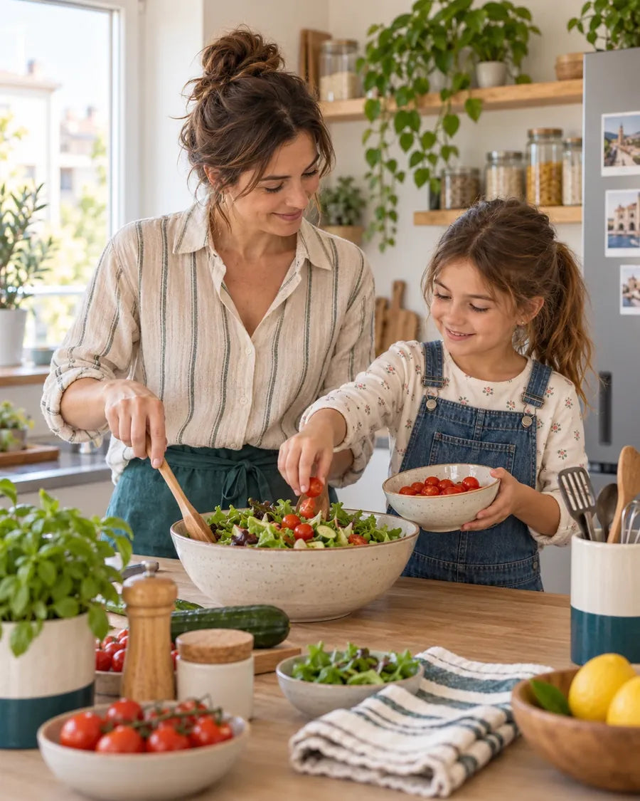 Madre e hija preparando una ensalada en la cocina