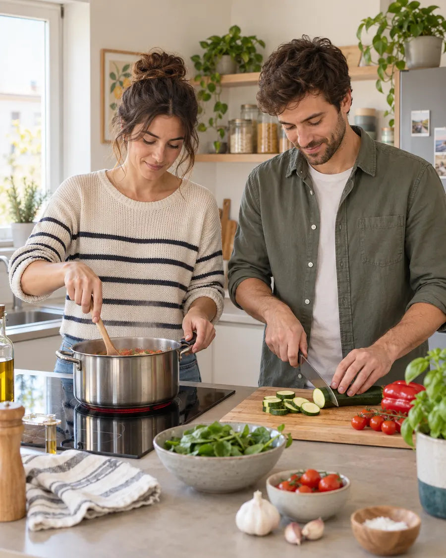 Pareja cocinando junta en una cocina luminosa