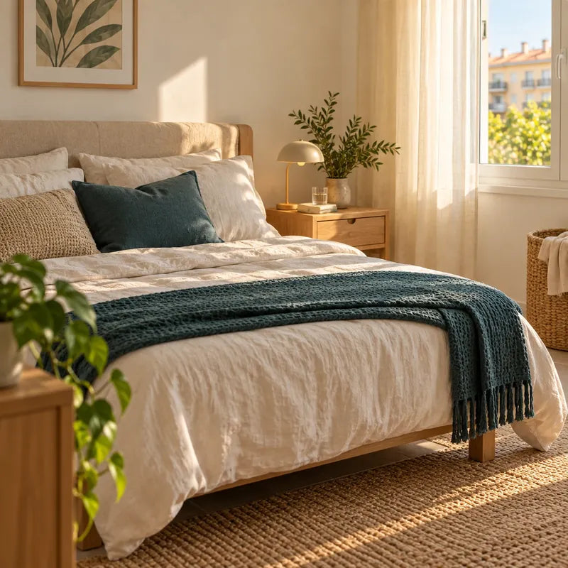 Dormitorio acogedor con ropa de cama de lino